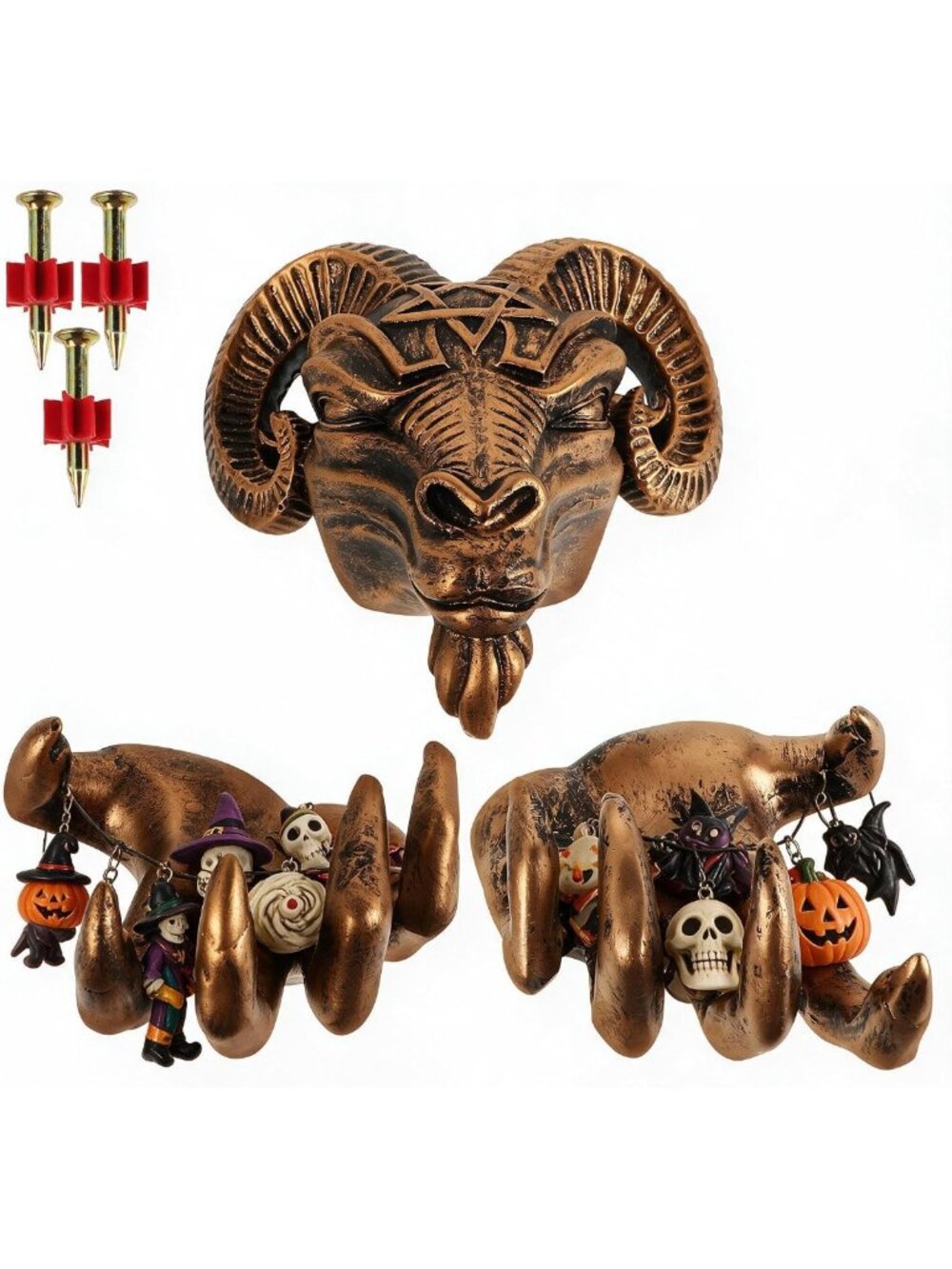 Gothic Ram Skull Wall Decor with Demon Hands - Unique Gold Wall Hanging Art